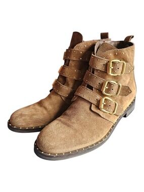 Minelli Italy Studded Leather Suede Ankle Boots With Buckle Dark Taupe Size 39